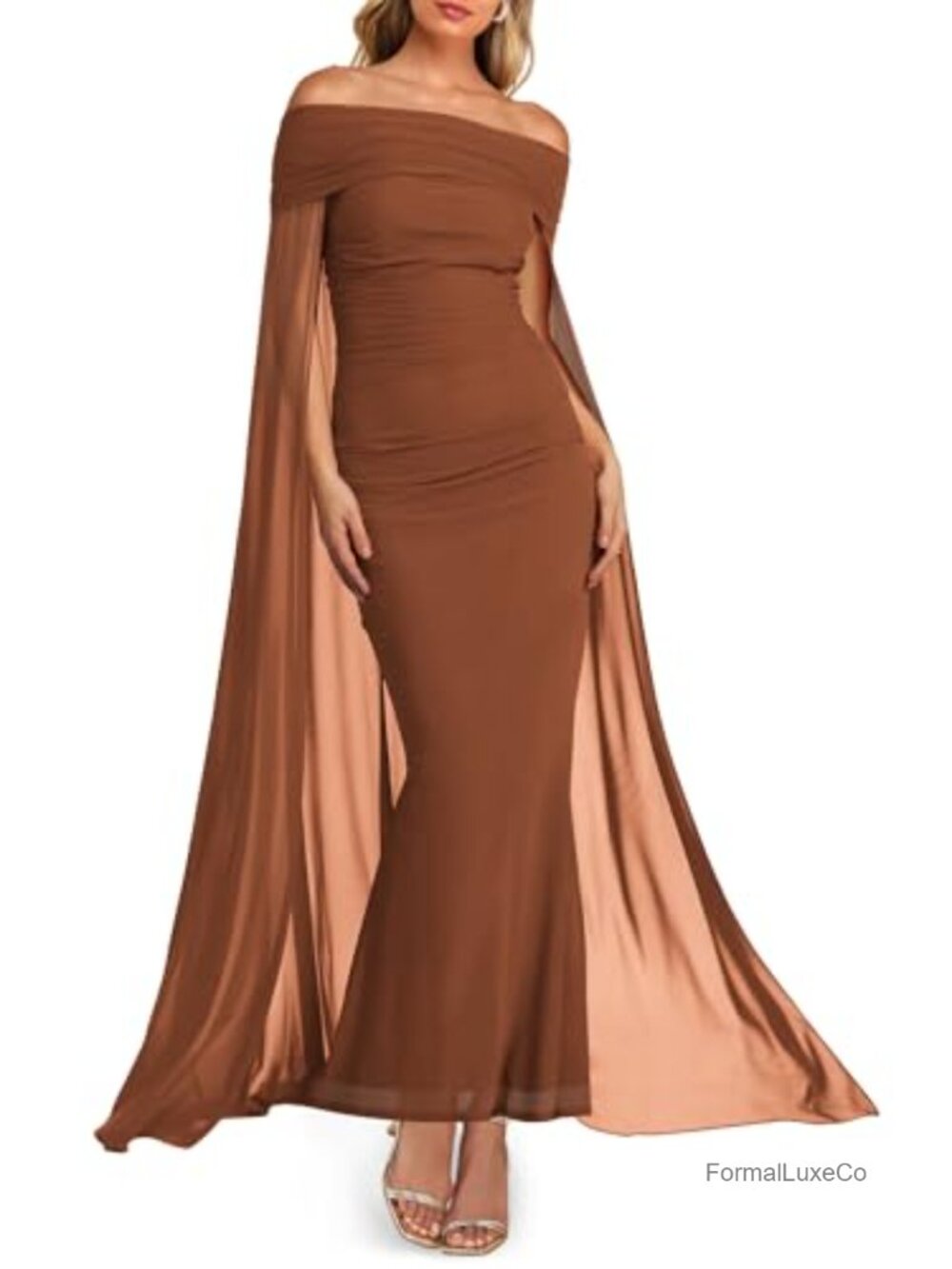 Off Shoulder Long Sleeve Mesh Ruched Bodycon Maxi Formal Evening Dress with Cape